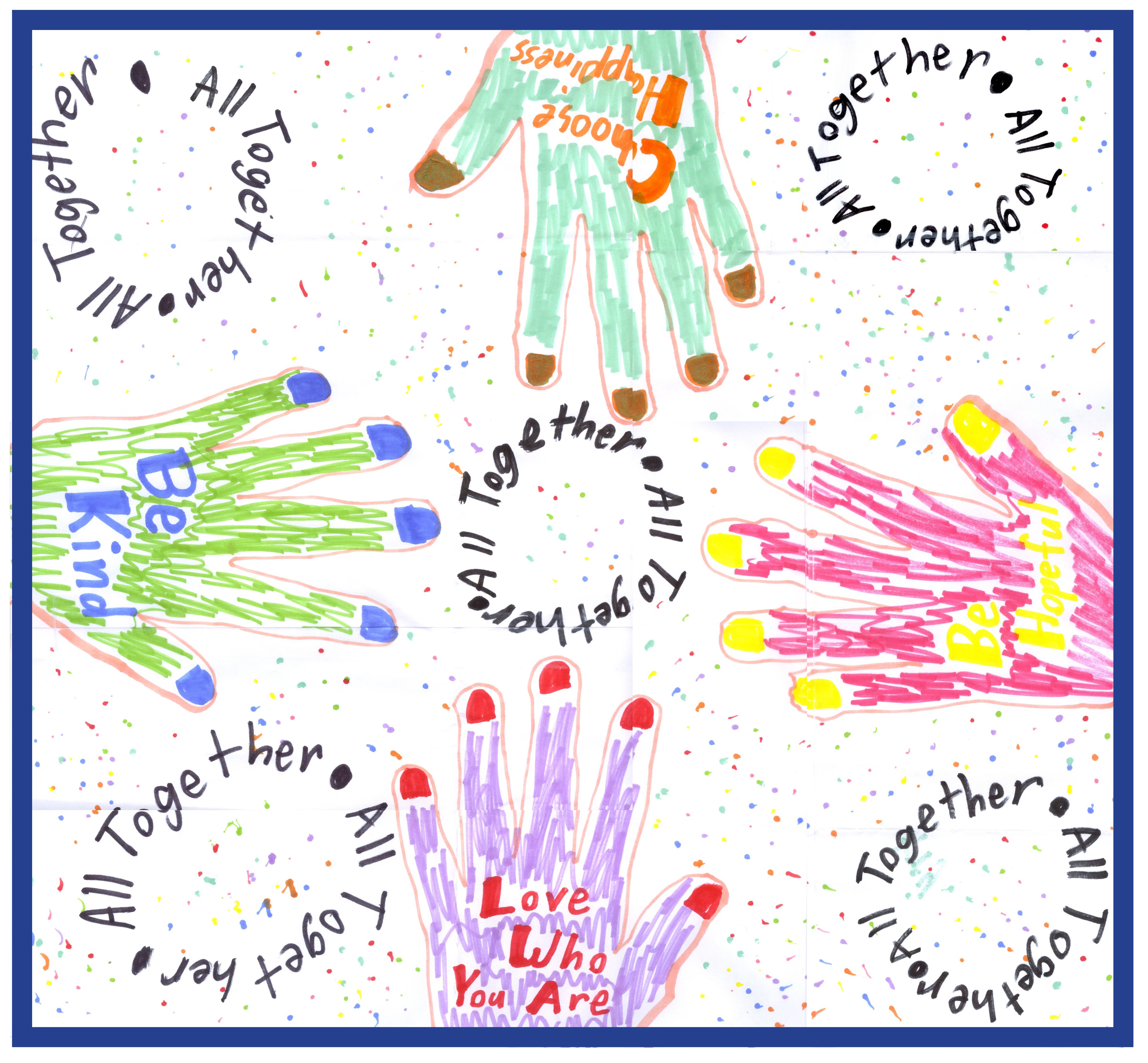 A child's drawing of four hands reaching towards a circle of words